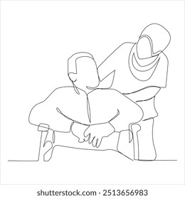 One single line drawing of young female doctor helping old patient get to wheelchair from hospital bed.