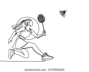 One single line drawing of young energetic badminton player take opponent's hit graphic vector illustration. Healthy sport concept. Modern continuous line draw design for badminton tournament poster