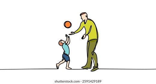 One single line drawing young dad running and playing football soccer with his son in public field park vector graphic illustration. Happy family parenting concept. Modern continuous line draw design