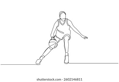One single line drawing of young energetic basketball player jumping and shooting ball, Woman player healthy sport championship vector illustration.