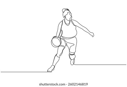 One single line drawing of young energetic basketball player jumping and shooting ball, Woman player healthy sport championship vector illustration.