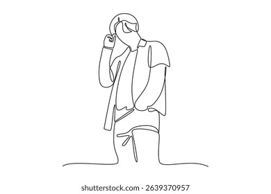 One single line drawing of young boy use contemporary cloth. outfit minimalist concept. Fashion for daily activity concept.