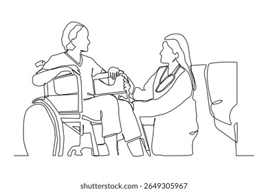 Um único desenho de linha de jovem médica que ajuda idosa a chegar a cadeira de rodas a partir do leito hospitalar.	