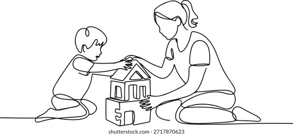 Un dibujo de una sola línea de una madre joven jugando con su hijo construyendo una casa de juguete de bloque de rompecabezas de espuma, Ilustración vectorial de crianza. Familia feliz jugando juntos concepto. una línea Dibujo de iconos

