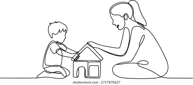 Un dibujo de una sola línea de una madre joven jugando con su hijo construyendo una casa de juguete de bloque de rompecabezas de espuma, Ilustración vectorial de crianza. Familia feliz jugando juntos concepto. una línea Dibujo de iconos
