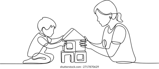 Un dibujo de una sola línea de una madre joven jugando con su hijo construyendo una casa de juguete de bloque de rompecabezas de espuma, Ilustración vectorial de crianza. Familia feliz jugando juntos concepto. una línea Dibujo de iconos
