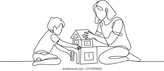 Un dibujo de una sola línea de una madre joven jugando con su hijo construyendo una casa de juguete de bloque de rompecabezas de espuma, Ilustración vectorial de crianza. Familia feliz jugando juntos concepto. una línea Dibujo de iconos
