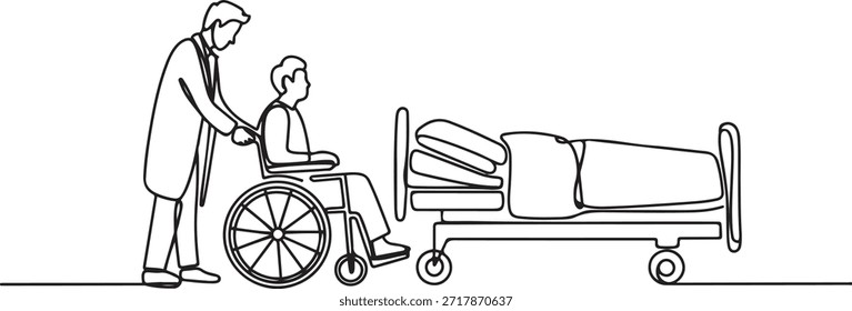 Un solo dibujo de línea de un médico joven que ayuda a un paciente anciano a llegar a una silla de ruedas desde la cama del hospital. Concepto de servicio de atención médica de moda. dibujo de un icono de línea
