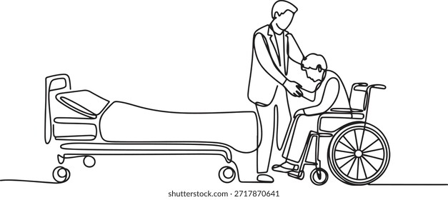 Un solo dibujo de línea de un médico joven que ayuda a un paciente anciano a llegar a una silla de ruedas desde la cama del hospital. Concepto de servicio de atención médica de moda. dibujo de un icono de línea
