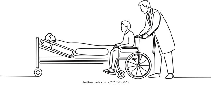 Un solo dibujo de línea de un médico joven que ayuda a un paciente anciano a llegar a una silla de ruedas desde la cama del hospital. Concepto de servicio de atención médica de moda. dibujo de un icono de línea
