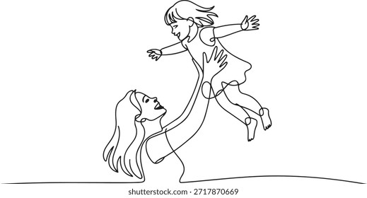 Una sola línea de dibujo de la joven madre feliz criando y girando a su hija en el aire en el Vector de la casa ilustración gráfica. Concepto de la paternidad de la familia. una línea Dibujo del icono
