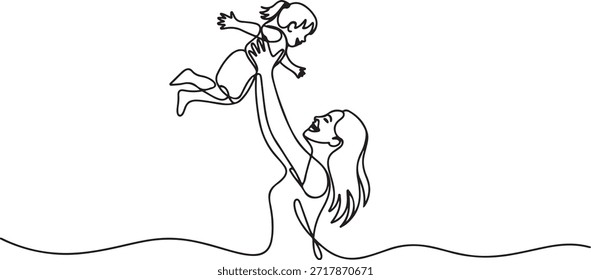 Una sola línea de dibujo de la joven madre feliz criando y girando a su hija en el aire en el Vector de la casa ilustración gráfica. Concepto de la paternidad de la familia. una línea Dibujo del icono
