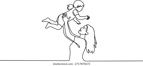 Una sola línea de dibujo de la joven madre feliz criando y girando a su hija en el aire en el Vector de la casa ilustración gráfica. Concepto de la paternidad de la familia. una línea Dibujo del icono
