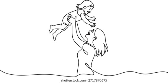 Una sola línea de dibujo de la joven madre feliz criando y girando a su hija en el aire en el Vector de la casa ilustración gráfica. Concepto de la paternidad de la familia. una línea Dibujo del icono
