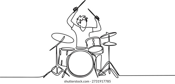 Eine einzeilige Zeichnung des jungen fröhlichen männlichen Schlagzeugers hebt den Schlagstock hoch, während auf der Musikkonzertbühne Schlagzeug gespielt wird. Musiker Künstler Performance Konzept. einzeilige Symbolzeichnung
