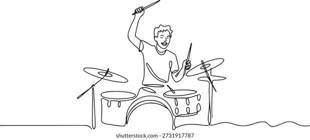 Um único desenho de linha do jovem baterista masculino feliz levantar a baqueta enquanto toca bateria definido no palco de concerto de música. Conceito de performance de artista musical. desenho de ícone de uma linha
