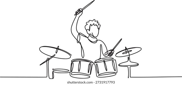 Um único desenho de linha do jovem baterista masculino feliz levantar a baqueta enquanto toca bateria definido no palco de concerto de música. Conceito de performance de artista musical. desenho de ícone de uma linha
