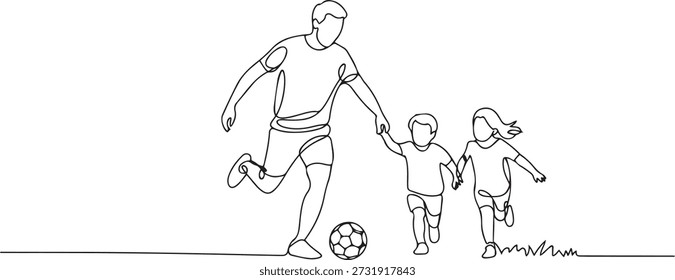Um único desenho de linha do jovem pai corre e joga futebol com seu filho e filha no parque público ilustração vetor. conceito família feliz paternidade. uma linha Ícone desenho
