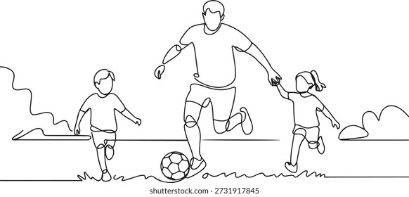 Eine einzeilige Zeichnung des jungen Vaters laufen und Fußball spielen mit seinem Sohn und Tochter im öffentlichen Park Vektorgrafik. Ein glückliches Familienelternkonzept. einzeilige Symbolzeichnung
