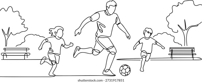 Un dibujo de una sola línea del joven padre corre y juega al fútbol con su hijo e hija en la Ilustración vectorial del parque público. Concepto de crianza de la familia feliz. dibujo de un icono de línea
