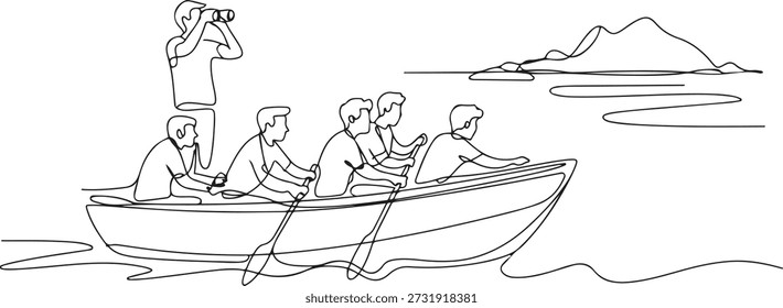 Un dibujo de línea de un joven miembro del equipo masculino toma un barco que se dirige a una isla mientras el líder los navega usando binoculares. Concepto de trabajo en equipo. una línea Dibujo de iconos
