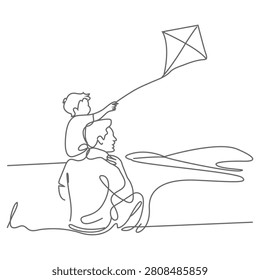 One single line drawing of a young father and his son playing to fly a kite up into the sky at outdoor field, vector illustration. Happy family bonding concept.