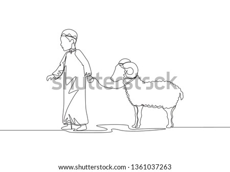 One single line drawing of young muslim boy holding sheep to masjid. Muslim holiday the sacrifice a goat or sheep, Eid al Adha greeting card concept continuous line draw design illustration