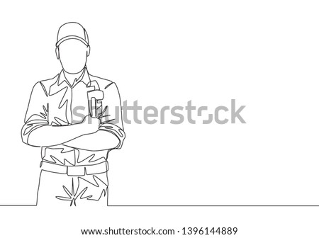 One single line drawing of young handsome plumber wearing uniform and holding a pipe wrench. House maintenance service concept continuous line draw design illustration