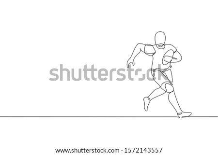 One single line drawing of young energetic man rugby player running to avoid rival chase vector illustration. Healthy sport concept. Modern continuous line draw design for rugby tournament banner
