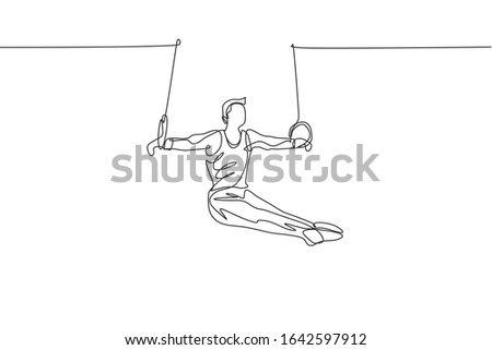 One single line drawing of young handsome gymnast man exercising steady rings vector illustration graphic. Healthy lifestyle and athletic sport concept. Modern continuous line draw design