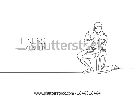 One single line drawing of young energetic model man bodybuilder posed vector illustration. Healthy workout concept. Modern continuous line draw design for bodybuilding fitness center club logo icon