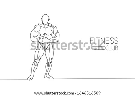 One single line drawing of young energetic model man bodybuilder pose vector illustration. Healthy workout in fitness center concept. Modern continuous line draw design for bodybuilding club logo icon