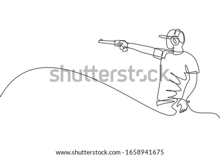 One single line drawing of young man practicing to shot target in range on shooting training ground vector illustration graphic. Clay pigeon shooting sport concept. Modern continuous line draw design