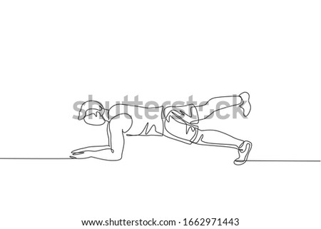 One single line drawing of young energetic man working out doing elbow plank in gym center vector illustration. Fitness sport bodybuilding healthy lifestyle concept. Modern continuous line draw design
