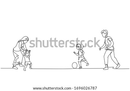 One single line drawing of young father playing soccer with daughter while mother teaching son to walk at field vector illustration. Happy family parenting concept. Modern continuous line draw design