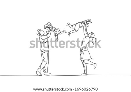 One single line drawing of young mother and father raising their son and daughter up in the air at home vector illustration. Happy family parenting concept. Modern continuous line draw design