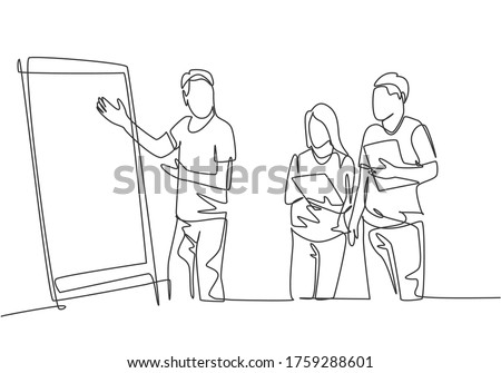 One single line drawing of young happy startup members discussing company growth and writing at flip chart. Business presentation concept continuous line graphic draw design vector illustration