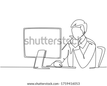 One single line drawing of young startup CEO sitting in front of computer and thinking seriously at the office. Business thinking concept.  Continuous line drawing design vector graphic illustration.