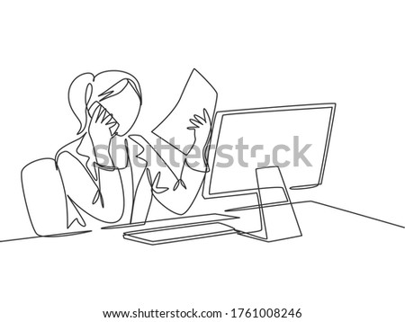One single line drawing of young woman employee asking her friends using cellphone about company financial report at the office. Annual report concept continuous line draw design vector illustration