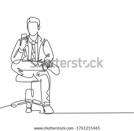 One single line drawing of young male manager touch smartphone screen during sitting relax on work chair and texting to partner. Work rest concept continuous line draw design vector illustration