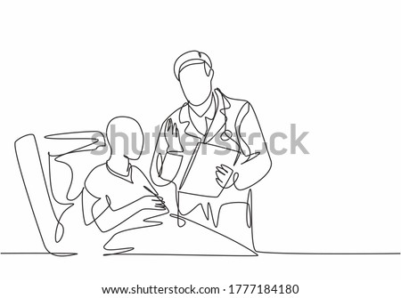 One single line drawing of young male doctor discuss positive health progress with old cancer patient who laying on hospital bed. Medical care concept continuous line draw design vector illustration