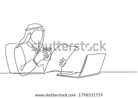 One single line drawing of young muslim businessman reading news on newspaper and internet while take an office break. Islamic clothing shemag, kandura, scarf. Continuous line draw design illustration
