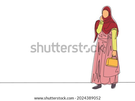 One single line drawing of young happy muslimah bringing little bag and go to shopping. Beautiful Asian woman model in trendy hijab fashion concept continuous line draw design vector illustration