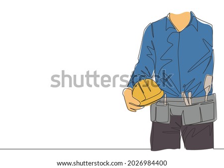 One single line drawing of young construction foreman wearing tools belt and holding helmet. Repairman construction maintenance service concept. Continuous line draw design illustration