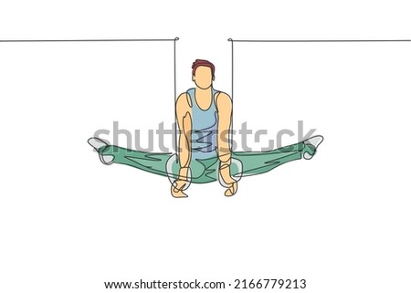 One single line drawing of young handsome gymnast man exercising steady rings graphic vector illustration. Healthy lifestyle and athletic sport concept. Modern continuous line draw design