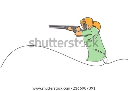 One single line drawing young woman practicing to shot target in range on shooting training ground vector graphic illustration. Clay pigeon shooting sport concept. Modern continuous line draw design