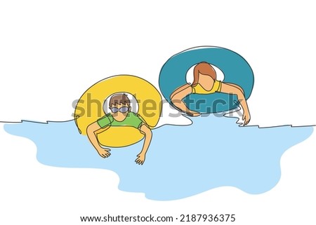 One single line drawing of young happy boy and girl play together in indoor pool sport center vector graphic illustration. Summer holidays and vacation concept. Modern continuous line draw design