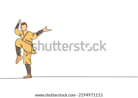 One single line drawing young energetic shaolin monk man exercise kung fu fighting at temple graphic vector illustration. Ancient Chinese martial art sport concept. Modern continuous line draw design