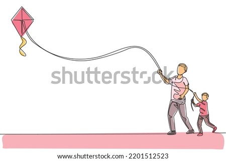 One single line drawing of young father and his son playing to fly kite up into the sky at outdoor field vector illustration. Happy family bonding concept. Modern continuous line draw graphic design