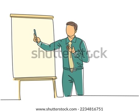 One single line drawing of young presenter explaining business strategy during team meeting. Effective training presentation for work office concept continuous line draw design vector illustration